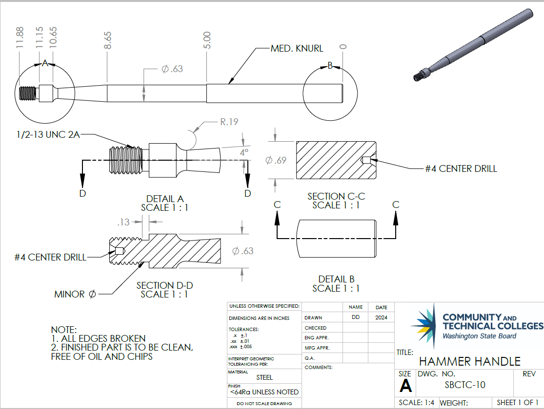 A hammer handle with a detailed view circles around both ends of the handle.