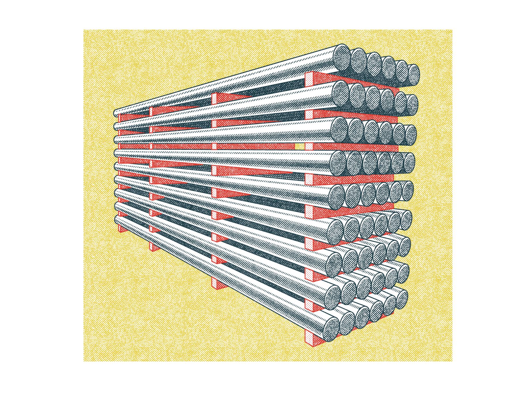 A bulk of aluminum bars are banded together, awaiting the extrusion process.