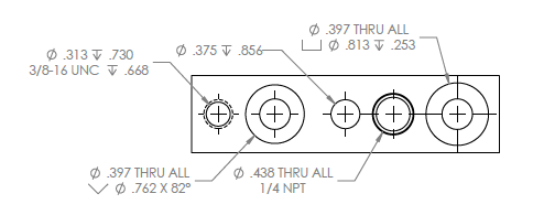 A part has five holes features with hole callout information specific to that hole using a line with an arrow to connect the two.