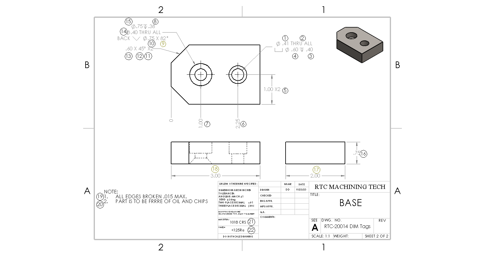 The side view of a part has dashed lines illustrating the fastener features within the part.