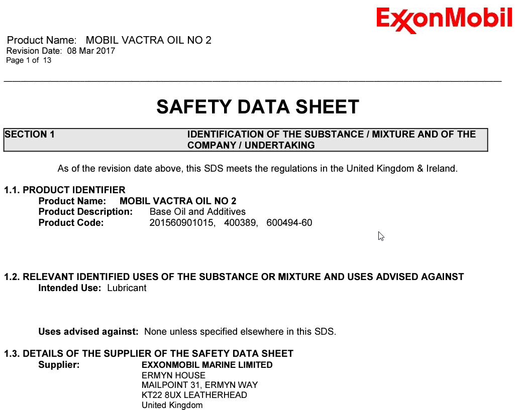 A screenshot of Safety Data Sheet information for Vactra No. 2 Way oil.