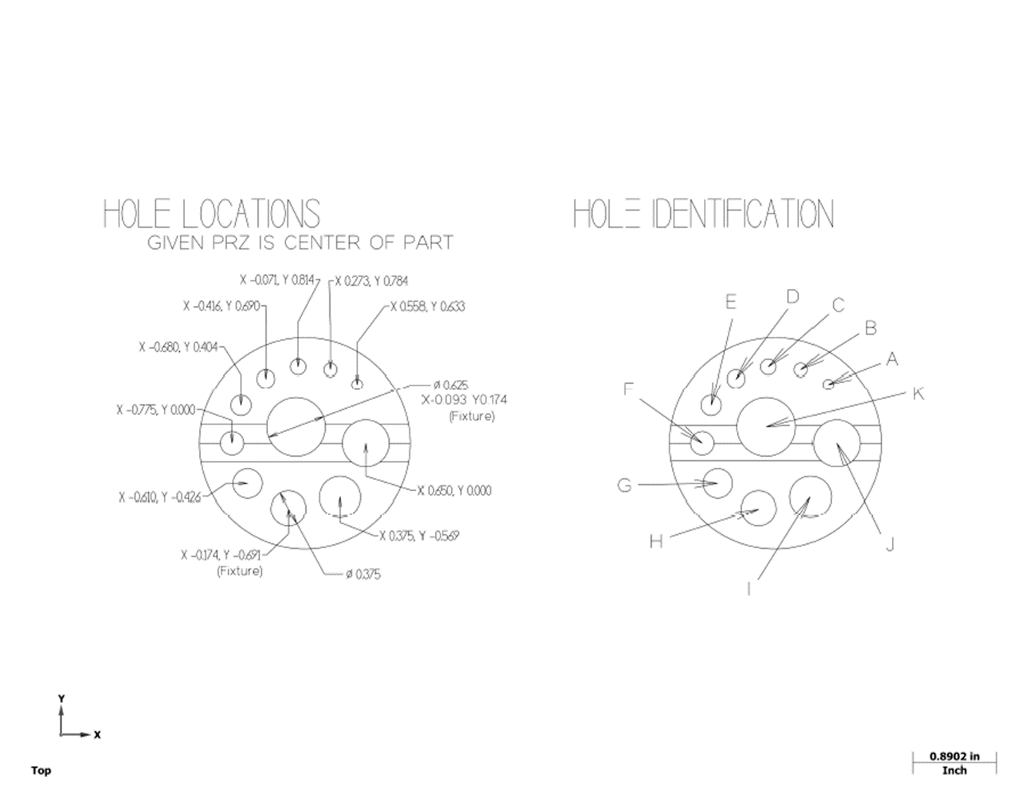 A technical drawing of the top of two top views of the finished part. Based on the origin of the cartesian coordinate system being in the center of the part, the left drawing shows the X axis and Y axis coordinates of where the holes need to be drilled. There are also two holes called out to be used for holding the part in a fixture. The right top view shows the holes labeled A to K to aid in identification.