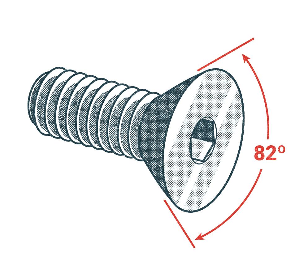 Generic thread flat head screw with an 82 degrees angle under the head of the screw.