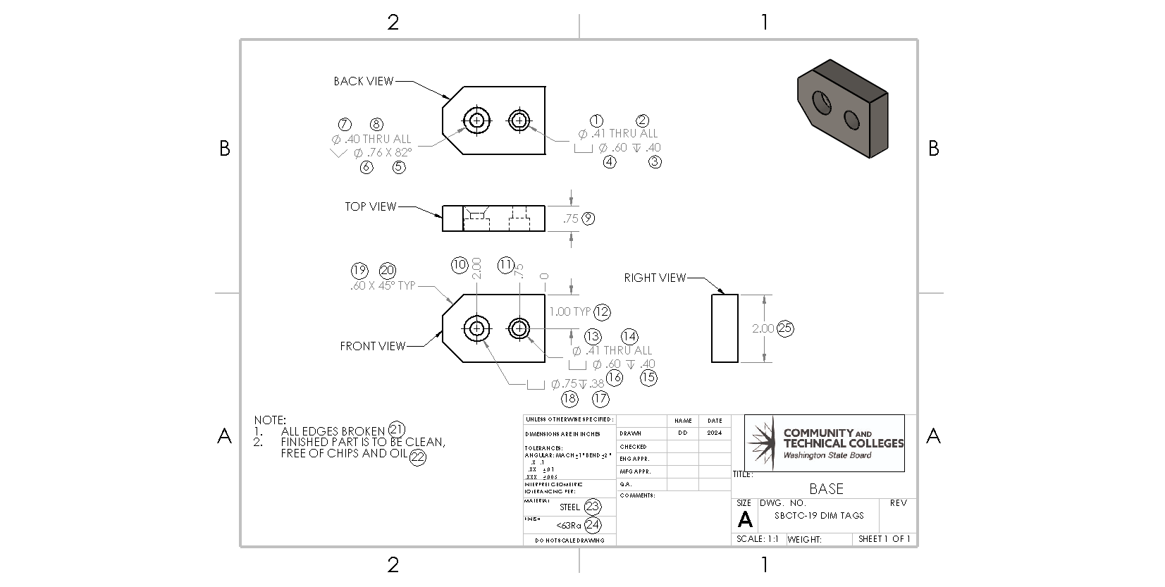 The detail drawing has numbered bubbles next to the dimensions to allow the machinist to identify specific dimensions for measuring.