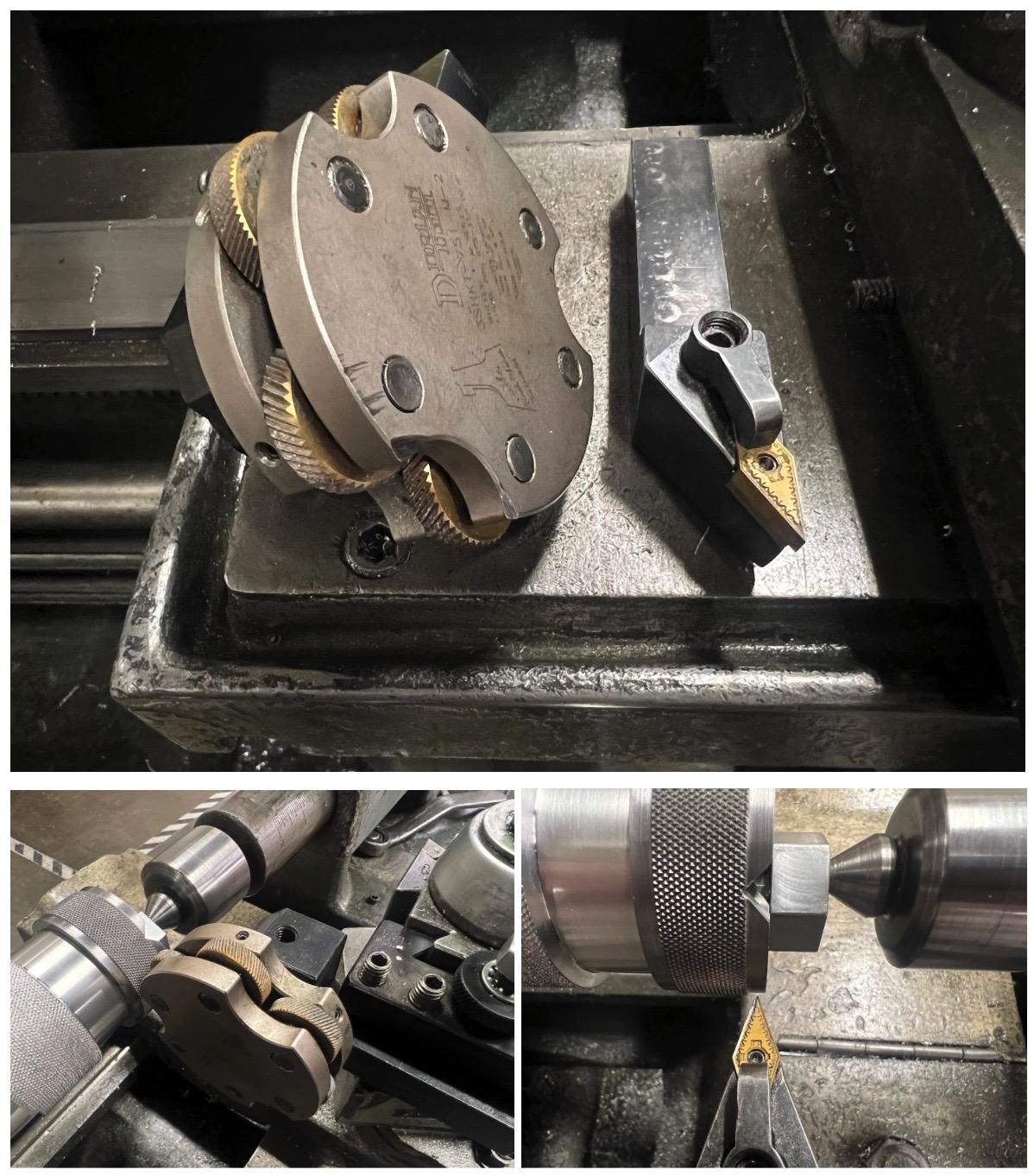 A collage of three photos. Top center; the knurling tool, and the turning tool. Bottom left; the knurling tools setup. Bottom right; the turning tool setup.