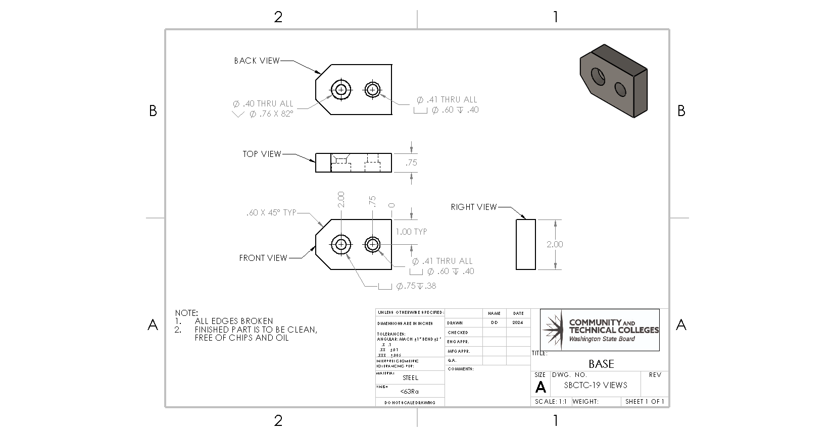 A part with multiple views, allowing the machinist to fully understand the function of the part./ Photo Credit: by Damon Donner, for WA Open ProfTech, © SBCTC, CC BY 4.0