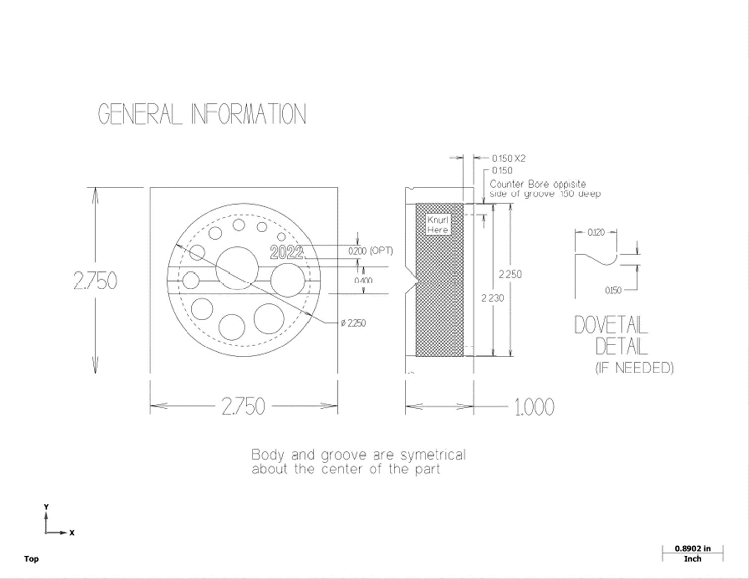 A technical drawing of the top and side views of a bench block. It shows the original square shape with a dimension of 2.75 inches by 2.75 inches. The finish diameter is shown to be 2.25 inches. The side view shows where there is a V groove that runs all the way across the part in the middle. The side view shows the finish thickness is 1.0 inches with .150 inches turned down on either side. The center of the side view shows that this area is knurled.