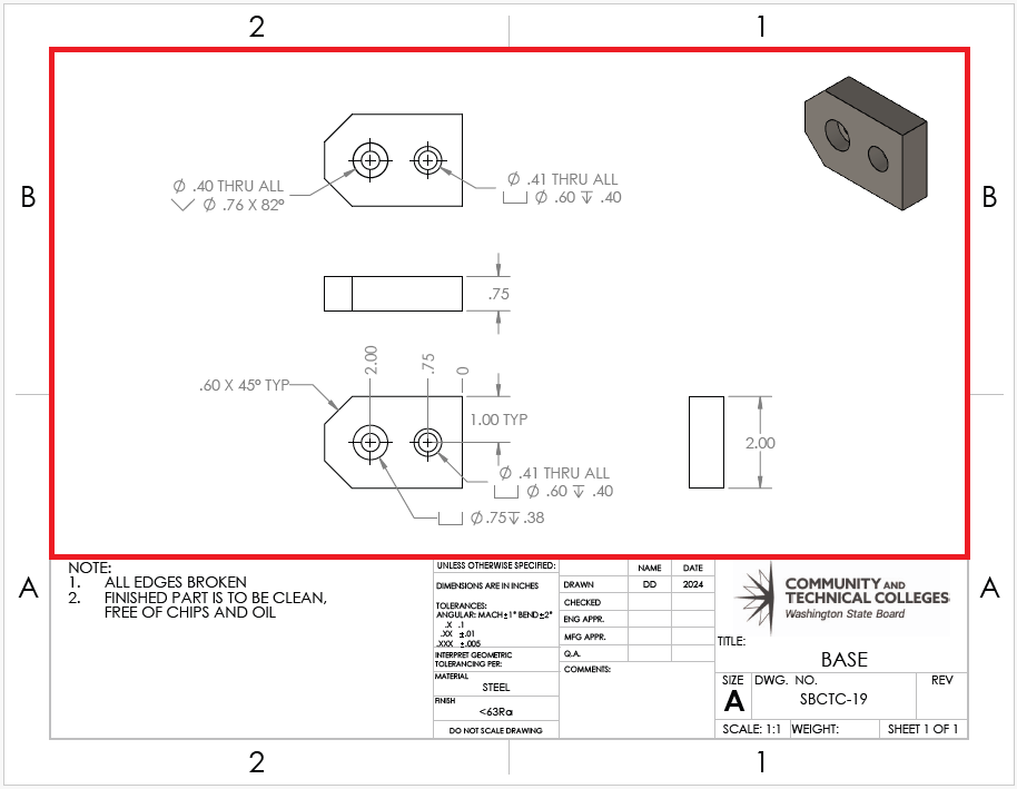 An engineering drawing of a part has a red block outlining the drawing area of a print.