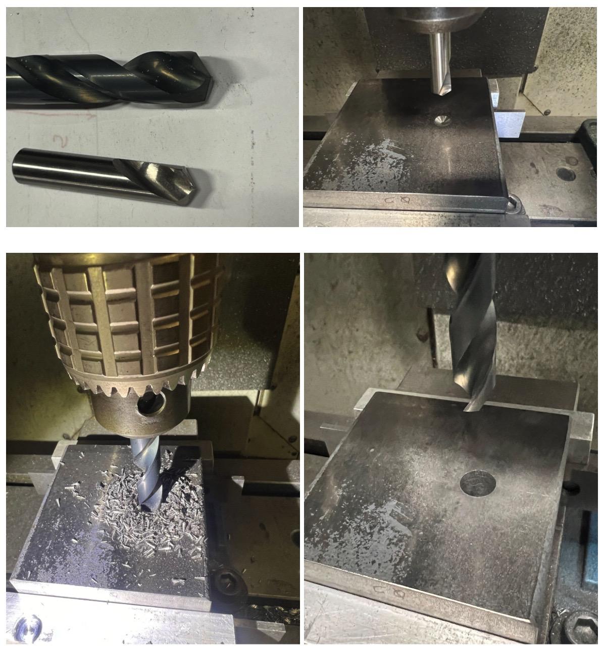 A collage of four photos. Upper left, a spot drill and drill are selected. Upper right; the spot drill starts the hole. Lower left; the hole is drilled. Lower right; the hole is done.