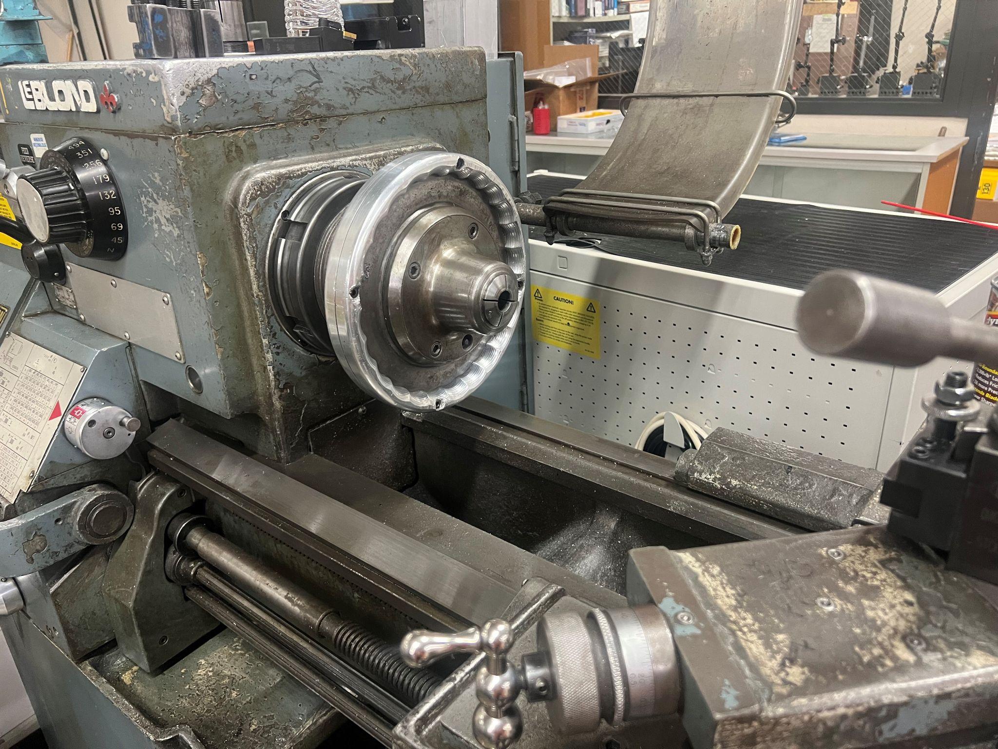 Collet chuck on a manual lathe.