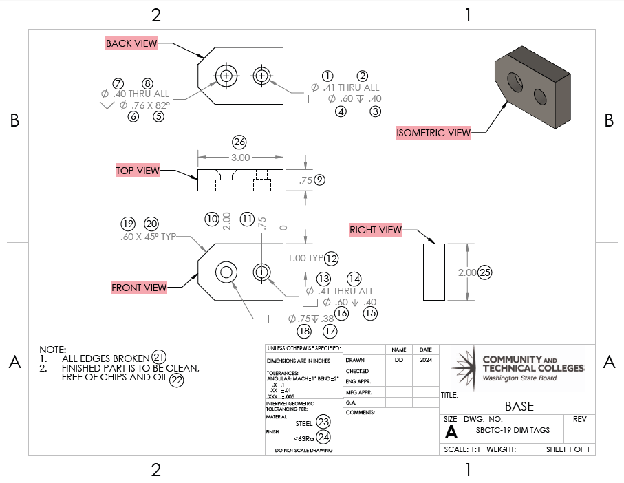 A part drawing that has five different views labeled to include front, top, back, right, and an orthographic view.