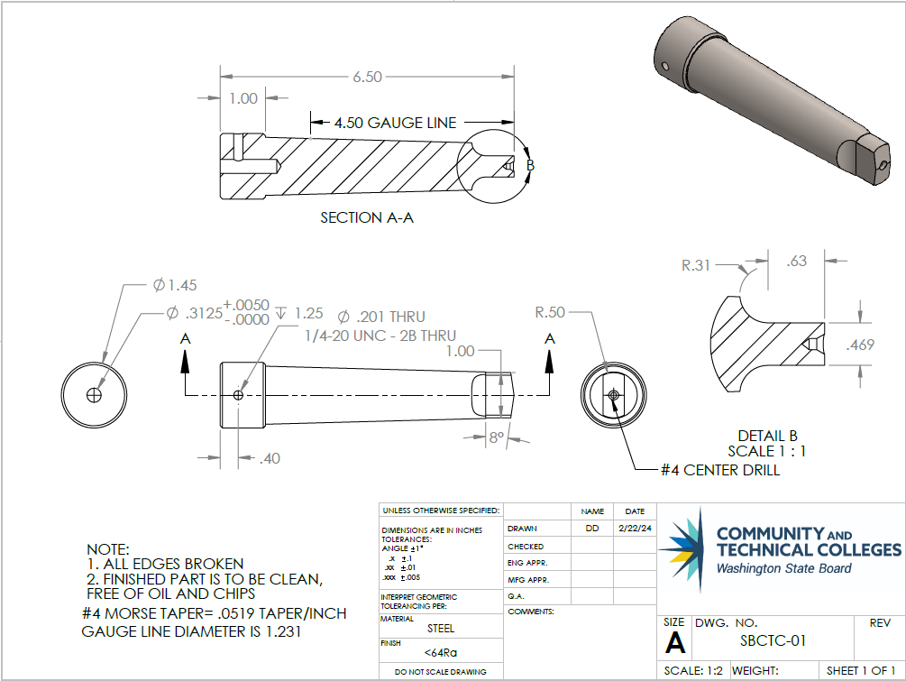 A cutting plane line has been used to create a section view of the part to provide better understanding of the part features.