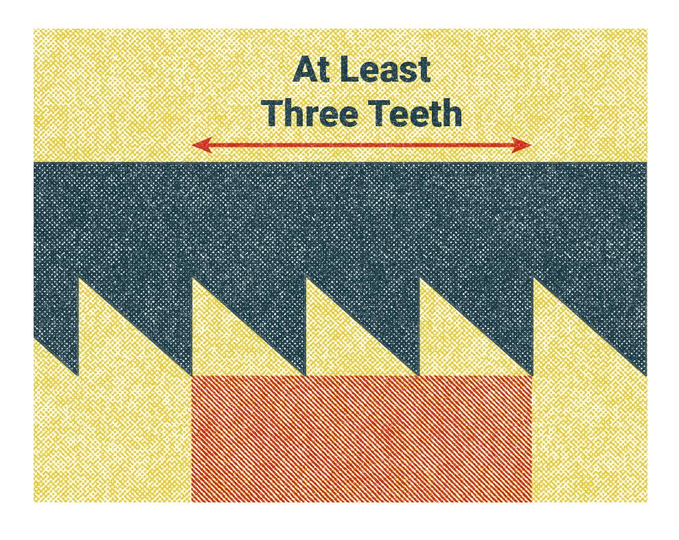 Illustrtion of a saw blade with three teeth touching a part to be sawed.