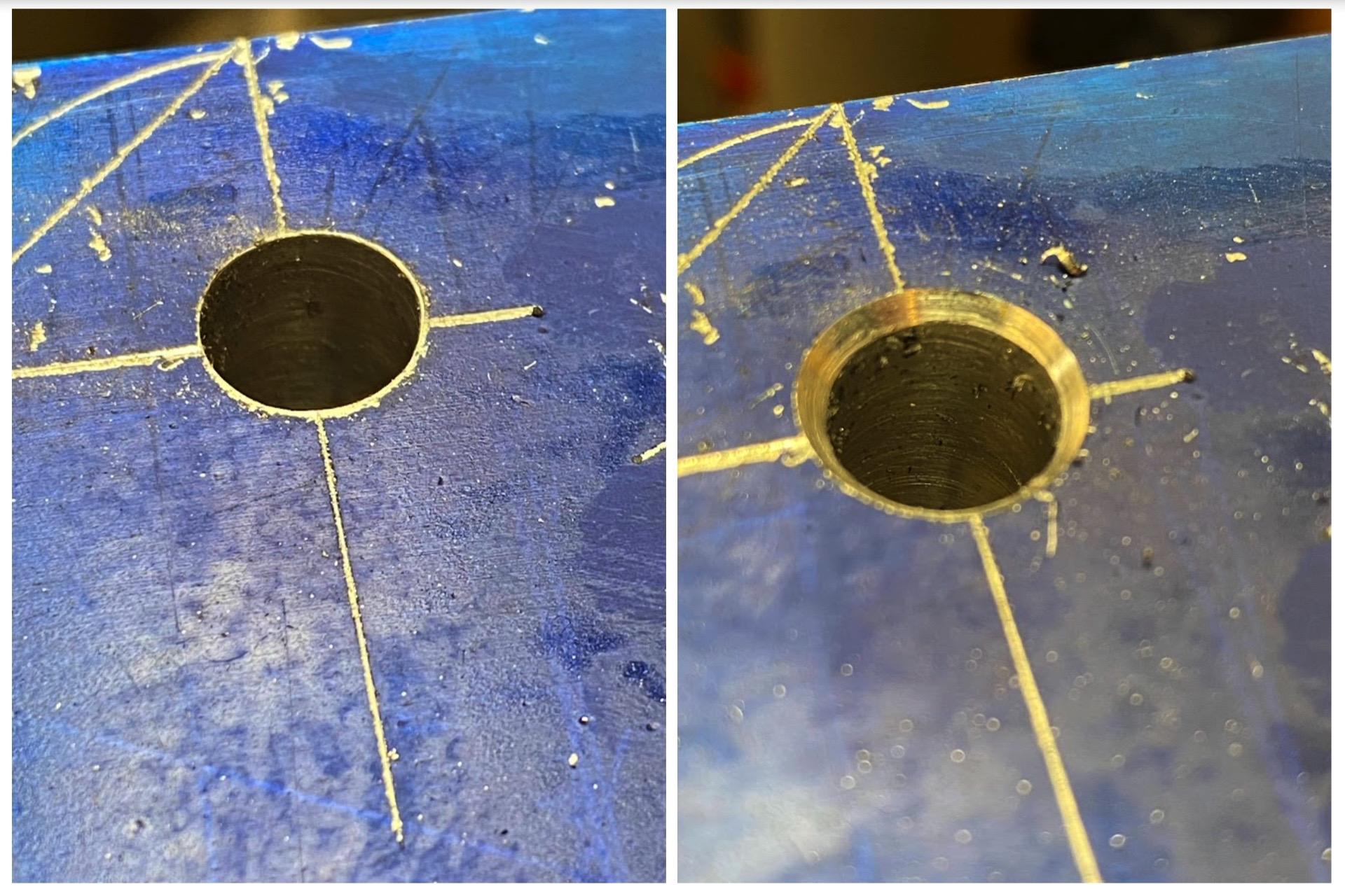 Left picture shows a hole that’s not chamfered (no bevel) and the right picture shows the same hole with a chamfer (bevel).