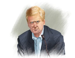 Illustration of Alex Murdaugh testifying in court during his murder trial.
