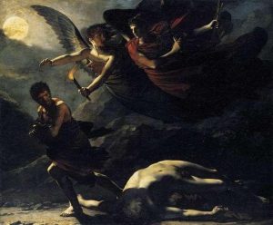 In this evocative painting, Justice, personified as Dike on the left, and Divine Vengeance, represented by Nemesis on the right, ardently pursue the criminal murderer.