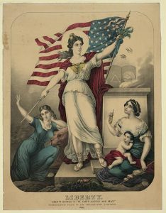 Artwork depicting Liberty bringing the personifications of Justice and Peace to the world.