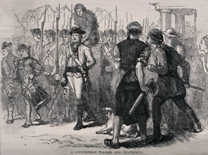 Wood engraving depicting men in mid-1700s colonial costume carrying a man who has been tarred and feathered past a crowd in a town.