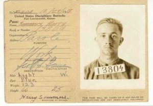 Photograph of an official parole work pass issued to Harry Sommers from Fort Leavenworth Penitentiary in 1918.