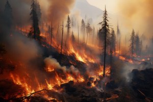 A forest fire races uphill to the left, burning trees and introducing heavy smoke into the area.
