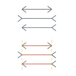 This classic series of three lines with arrow-shaped points demonstrates how we are influenced by the arrows at the end of the lines.