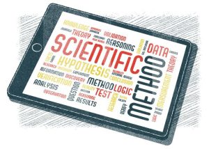 Illustration of a black electronic tablet containing a word cloud formed from various words common to the scientific method.