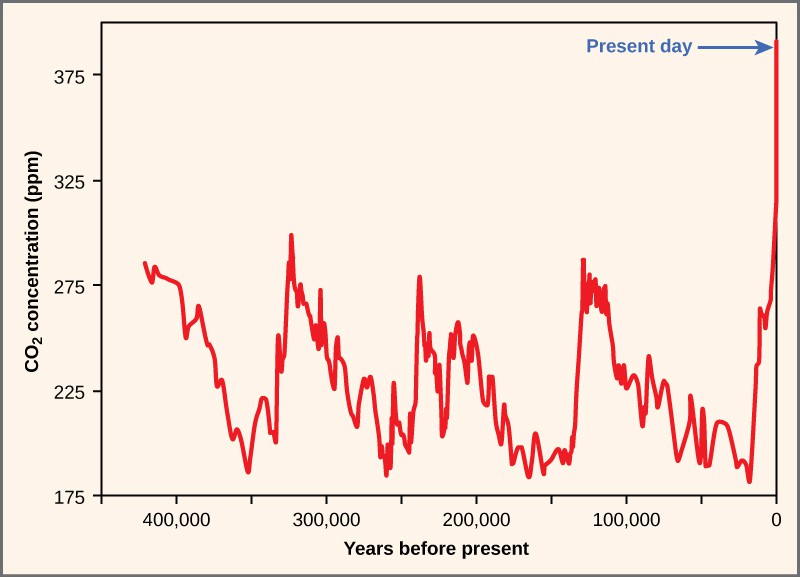 This graph plots atmospheric carbon dioxide concentration in parts per million over time (years before present). Historically, carbon dioxide levels have fluctuated in a cyclical manner, from about 280 parts per million at the peak to about 180 parts per million at the low point. This cycle repeated every one hundred thousand years or so, from about 425,000 years ago until recently. Prior to the industrial revolution, the atmospheric carbon dioxide concentration was at a low point on the cycle. Since then, the carbon dioxide level has rapidly climbed to its current level of 395 parts per million. This carbon dioxide level is far higher than any previously recorded levels.