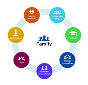A diagram of possible family supports: Health Medical, Community Org., School, Therapy/Counseling, extended/”chosen” family, Clubs, Faith/Church. This is an example of an eco-map.