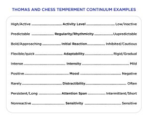 Temperament Scale indicating variability in activity level, regularity/rhythmicity, initial reaction, adaptability, intensity, mood, distractibility, attention span, sensitivity.