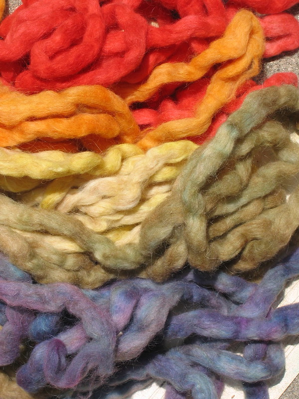 Rainbow colored wool used in a Waldorf classroom for crafts