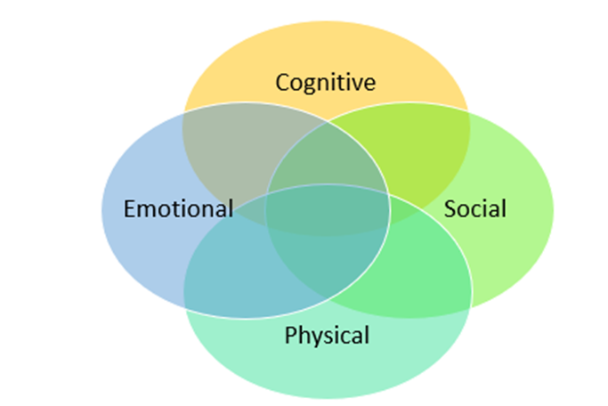 Overlapping ovals from a Venn diagram with text that reads: Physical, cognitive, social and emotional.