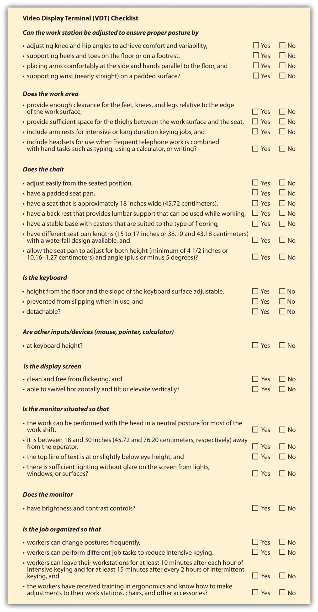 VDT Checklist to Reduce Workplace Injuries