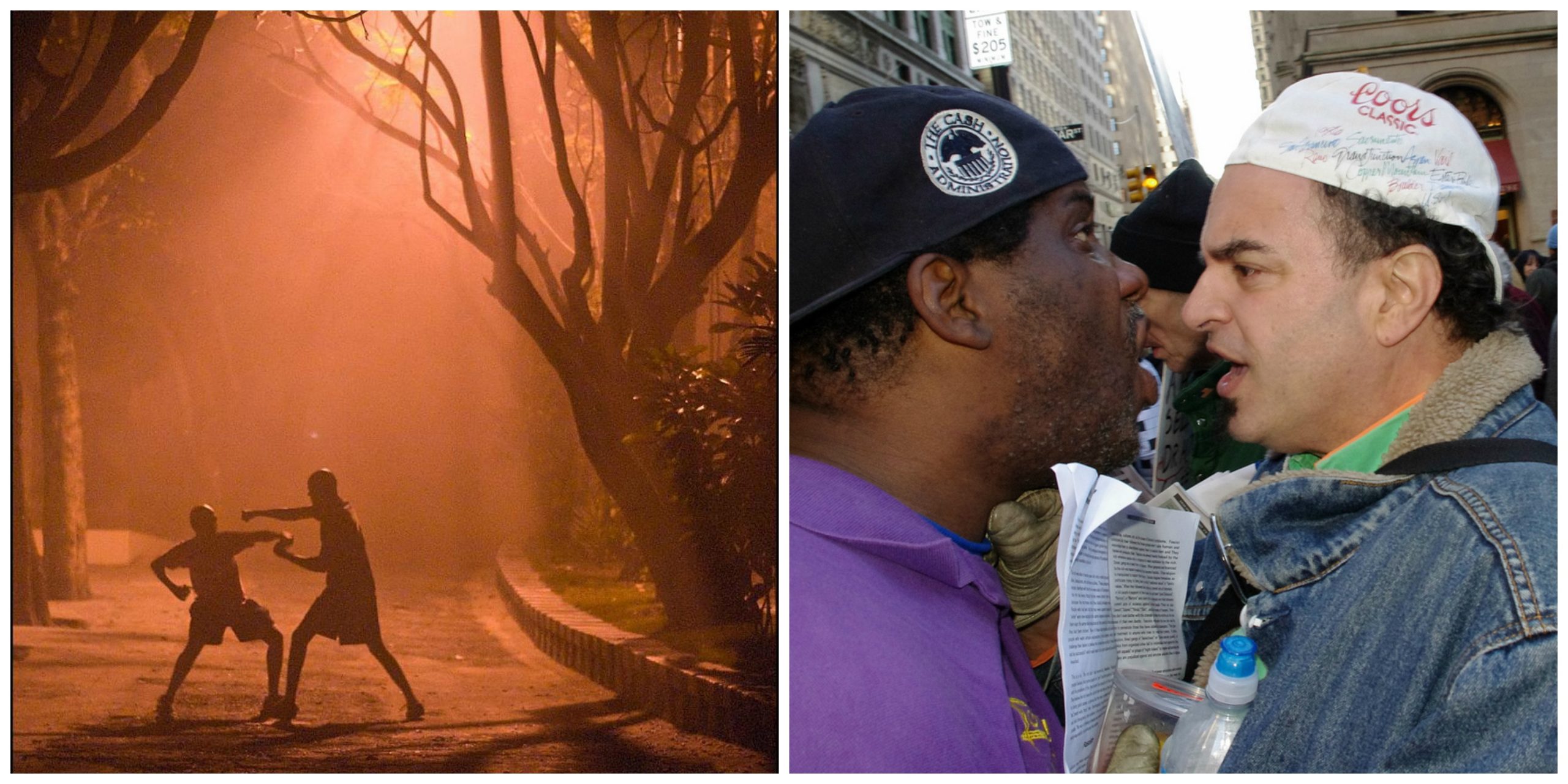 Collage: two men fighting in the street, and two men yelling at each other