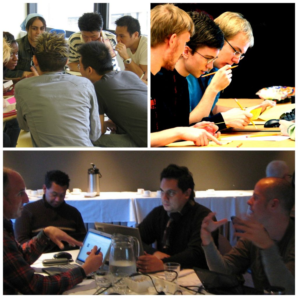 A collage of groups of people working together