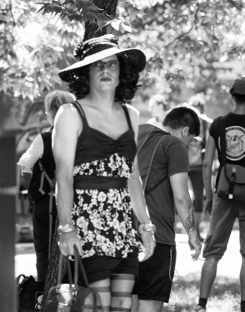 A man in inconspicuous drag