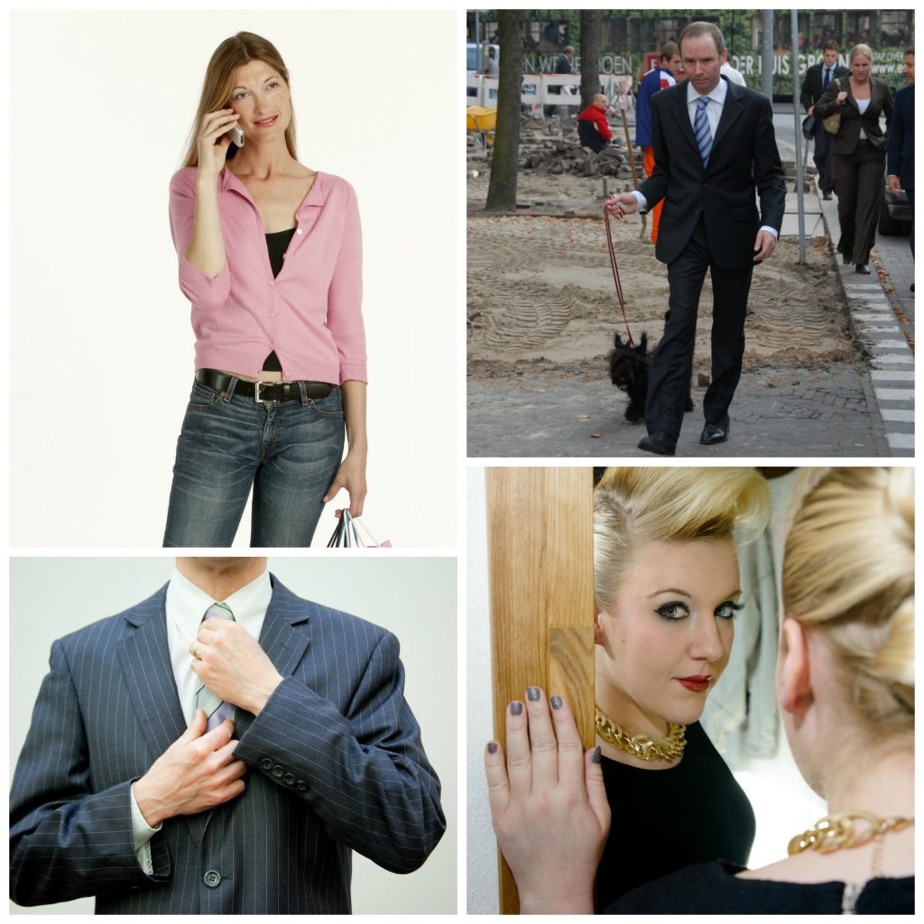 Collage: A woman talking on a phone, a man walking his dog, a man tightning his tie, a woman looking at the camera through a mirror