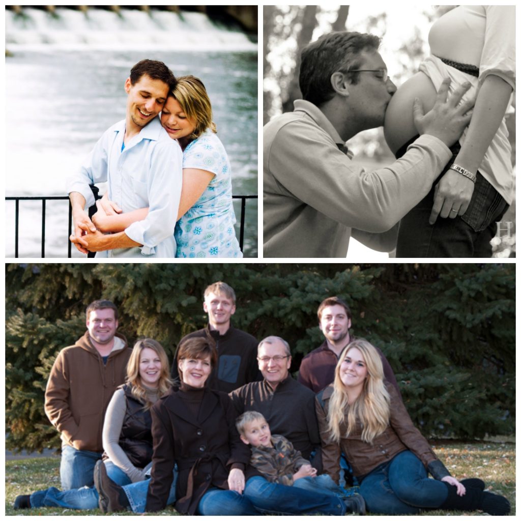 Collage: A couple hugging by a dam, a man kissing his wife's pregnant stomach, a family picture with multiple generations