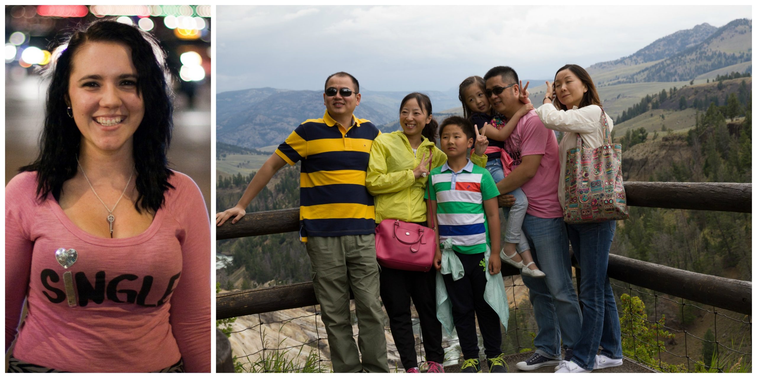 Collage: a woman smiling, and a family posing by a mountain range