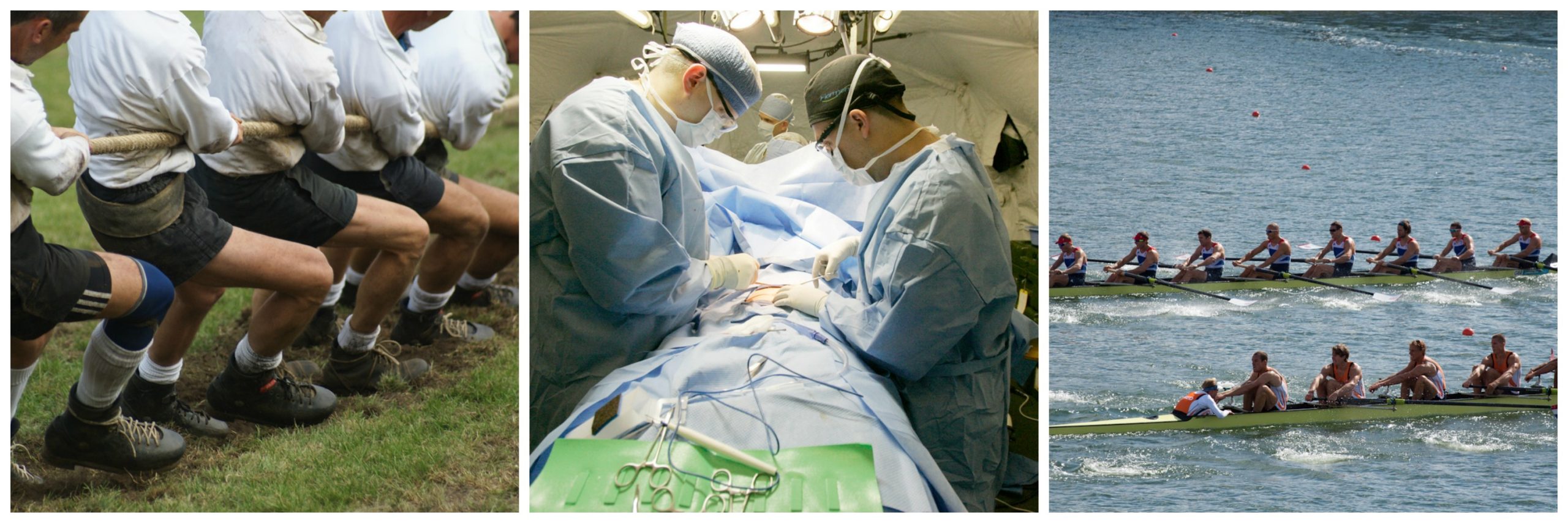 Collage of people working together: tug of rope, doctors in surgery, and the London 2012 olympic rowing team