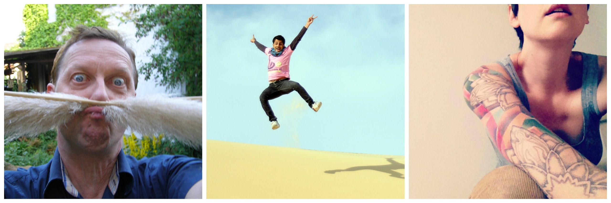 Collage: a man pretending two feathers are a moustache, a man jumping on a sand dune, a woman in a tank top with many tattoos