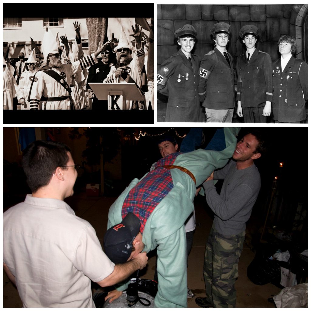 Collage: A Klu Klux Klan propaganda meeting, a group of four Nazis smiling, and three college friends helping another do a keg stand