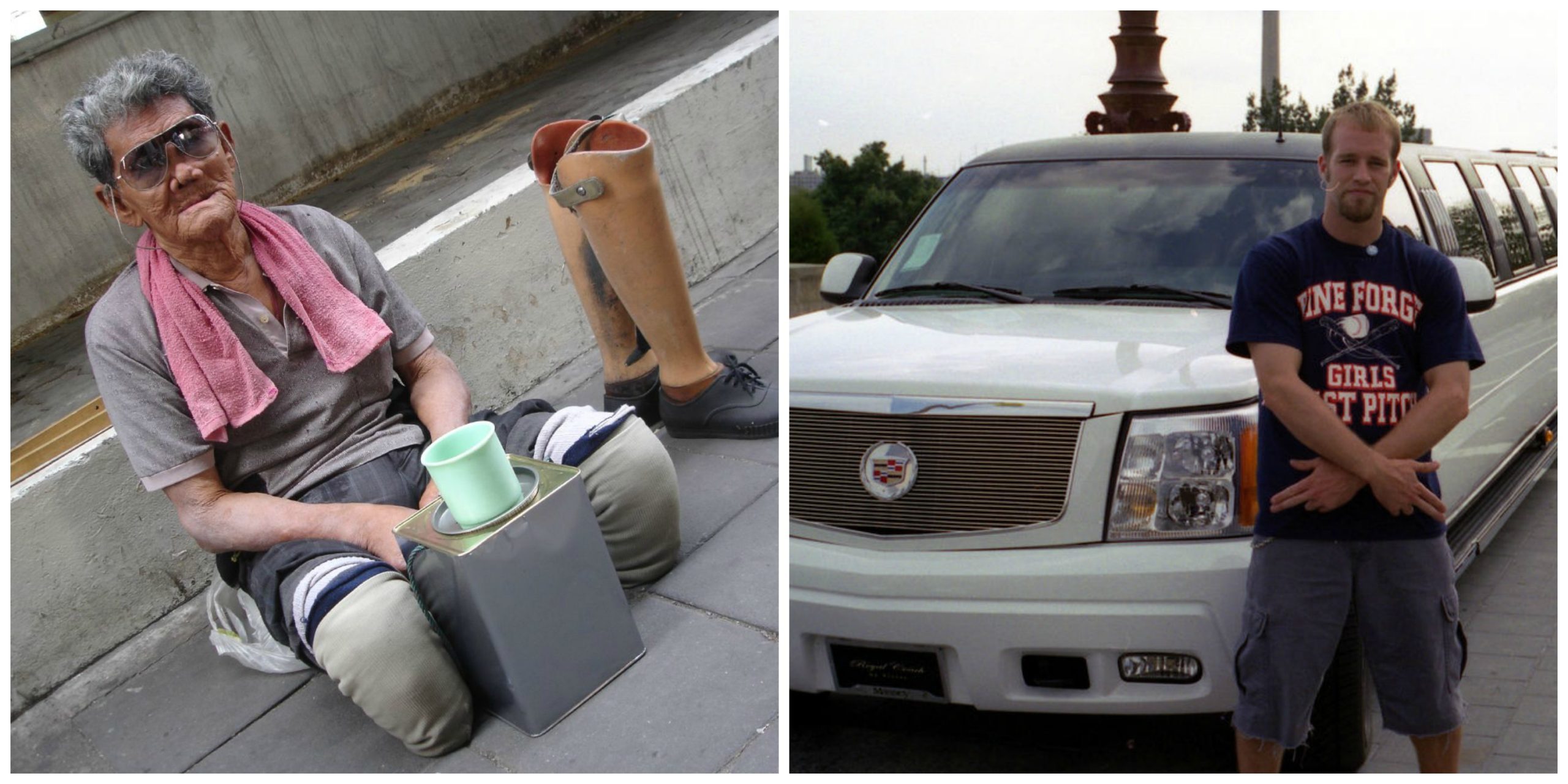 Collage: A legless beggar on the street, and a man standing next to a limo