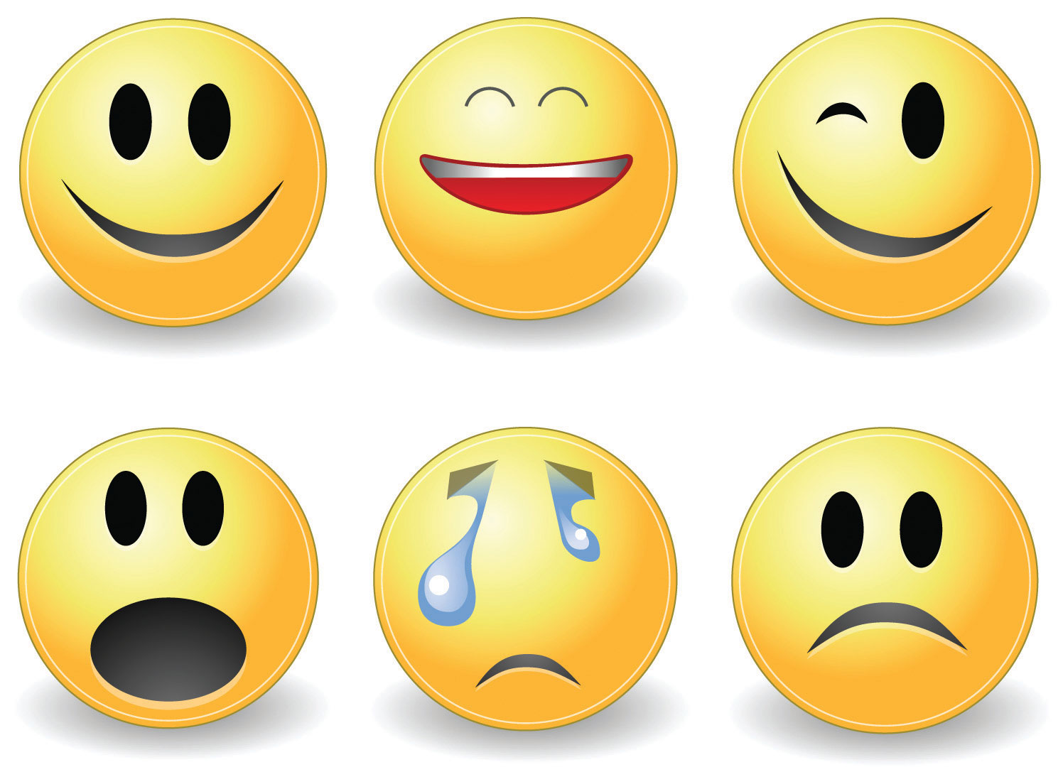Emojis, smiling, big smile, wink, shock, crying, and sad