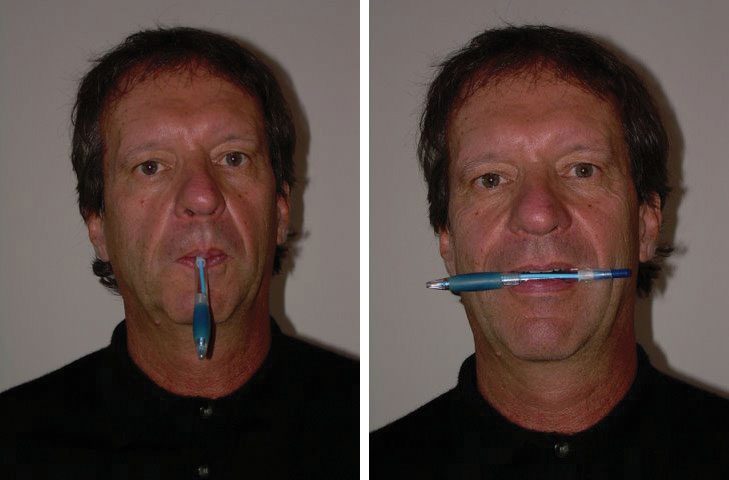 The author of this book holding a pen in his mouth from the back end, and a different picture with the pen horizontal