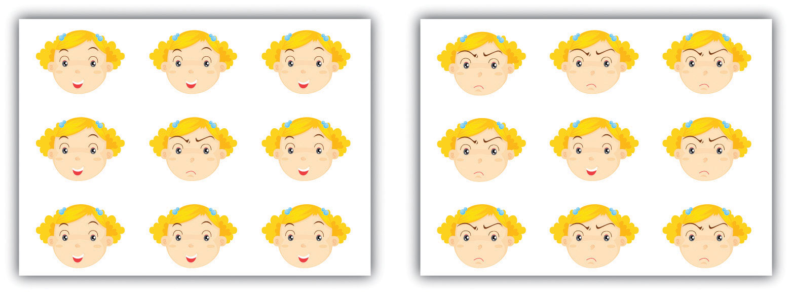 3x3 happy faces with a frowning face in the middle, and 3x3 frowny faces with a smiling one in the middle