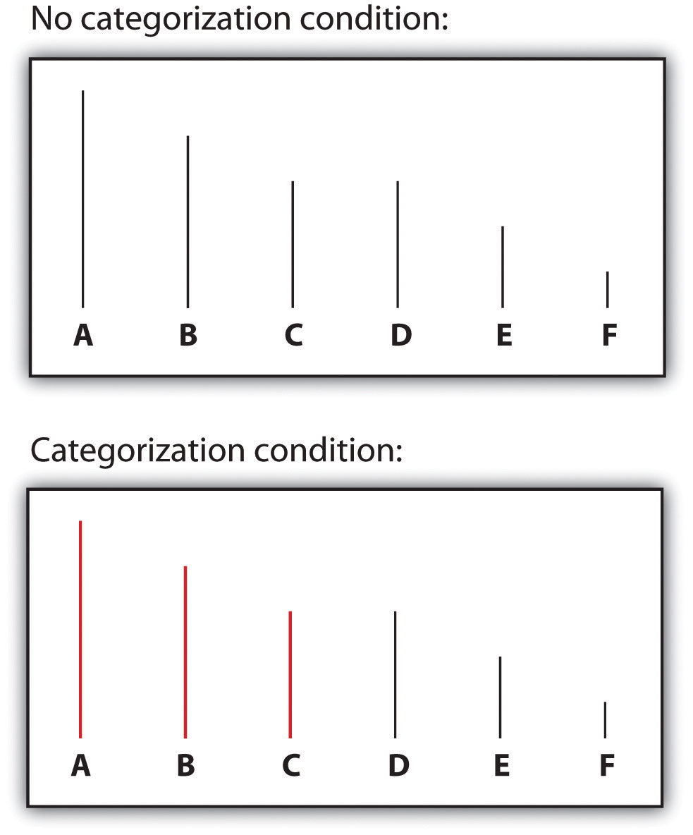 Perceptual Accentuation: Lines C and D were seen as the same length in the noncategorized condition, but line C was perceived as longer than line D when the lines were categorized into two groups.