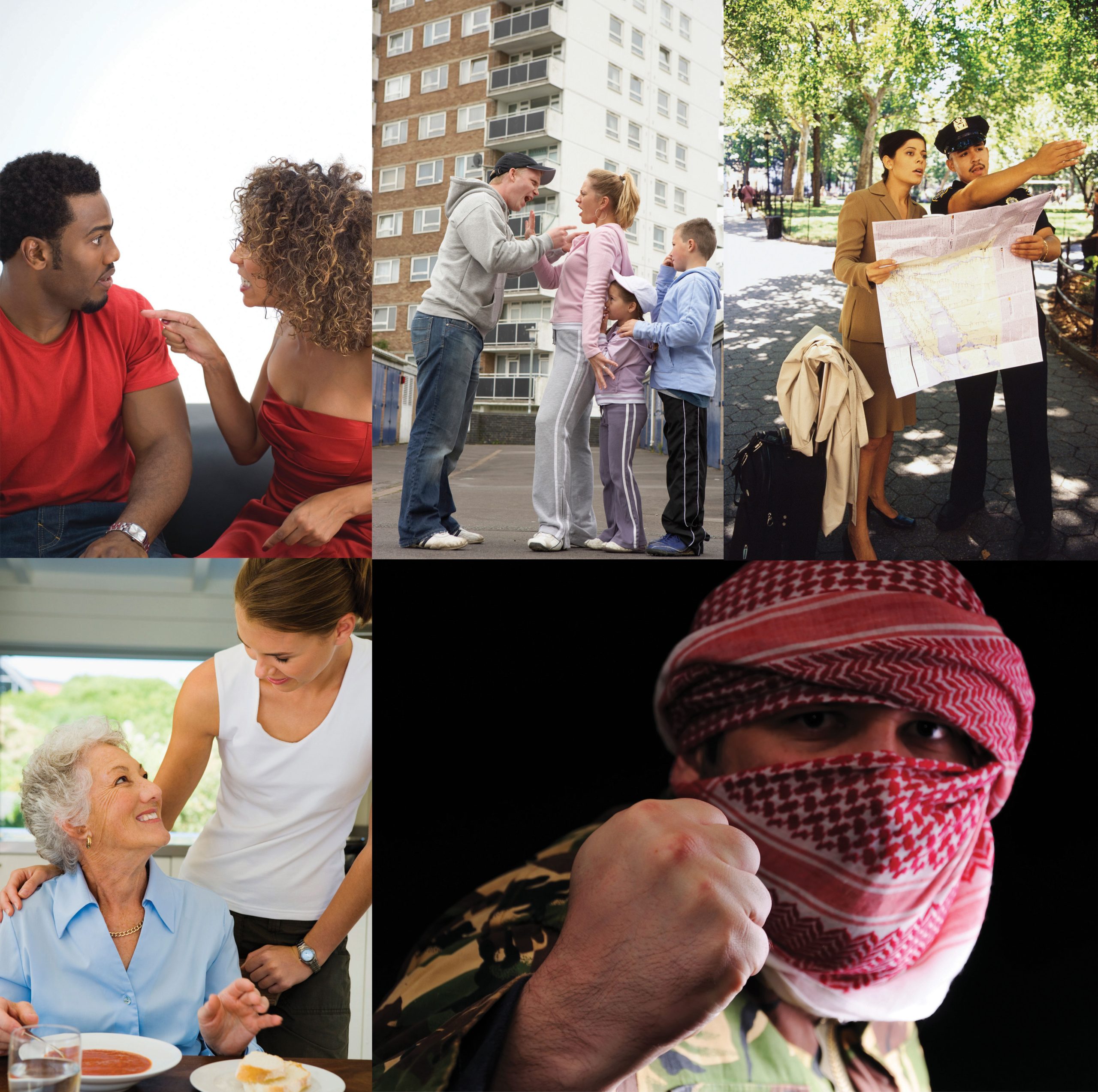 Collage: A woman yelling at her boyfriend, a man yelling at his family, a cop giving a woman directions, an old woman smiling up at a younger woman, a man with with a balaclava holding his fist up