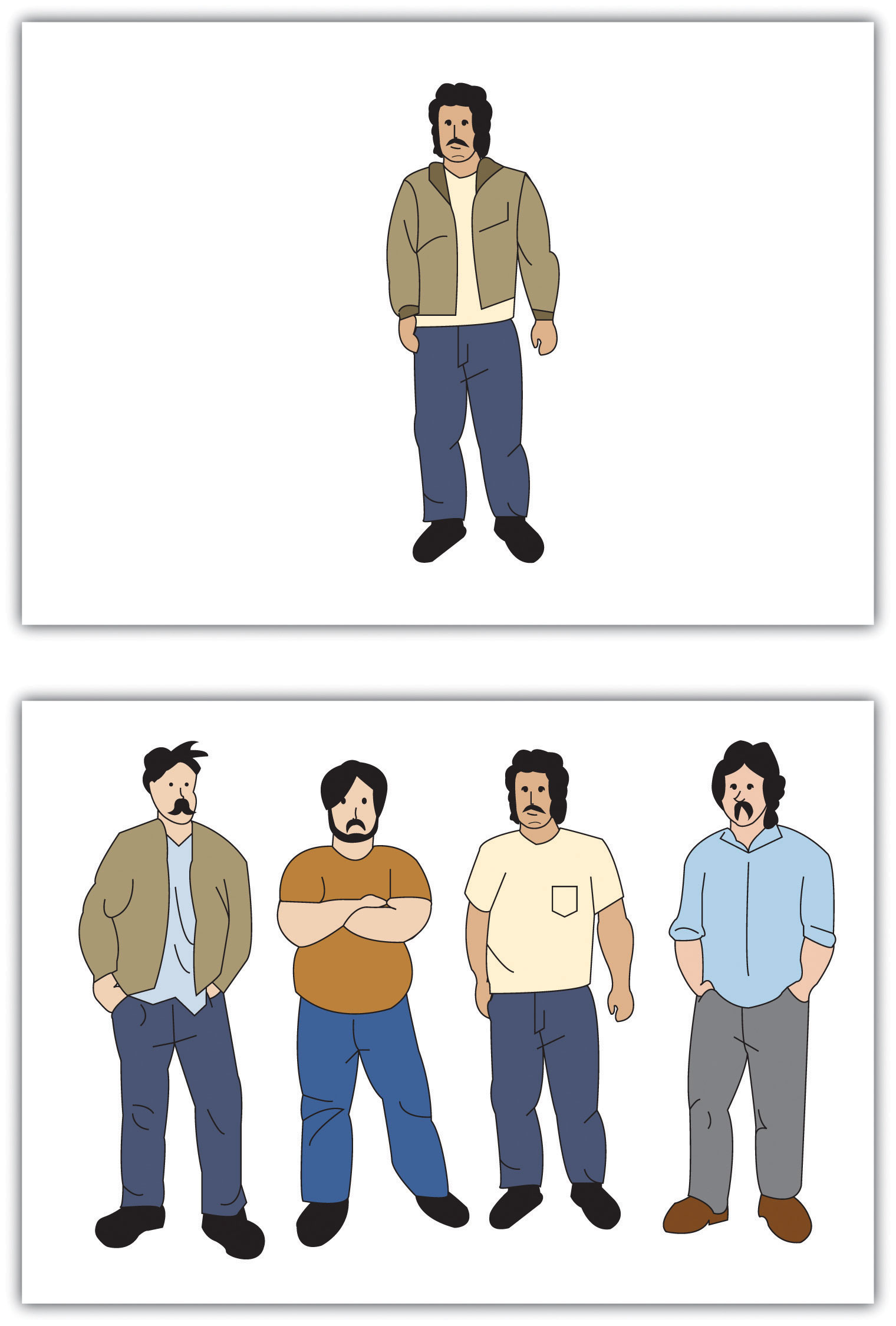 A man dressed in a jacket by himself, wears similarly the same clothing as his friends while he is with them