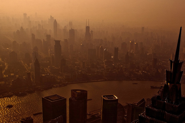 The skyline of Shanghai, covered in smog