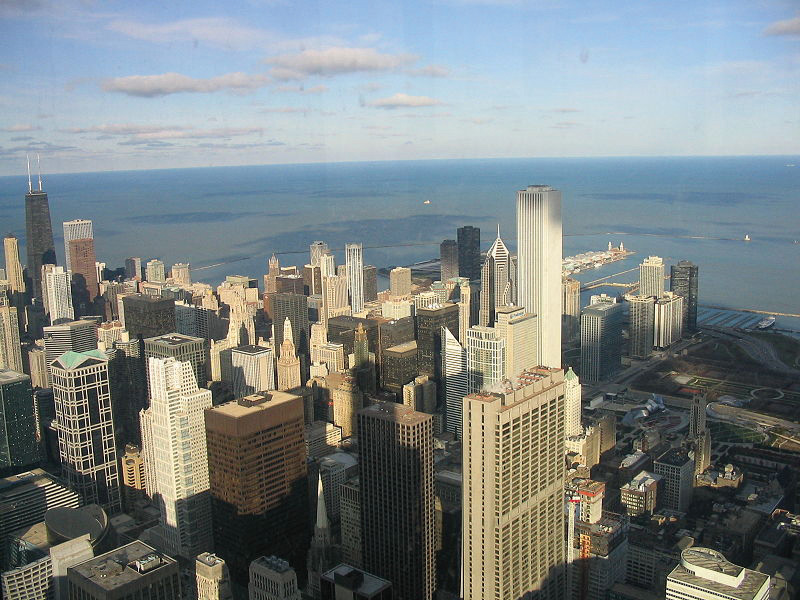 A view of Chicago's skyline from a building at the University of Chicago